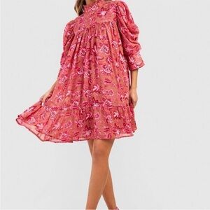 Boohoo Pink Floral High-Neck Babydoll Dress Size 10